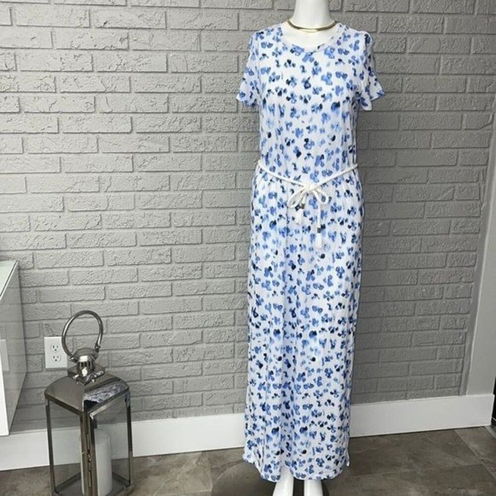 Michael Kors Women Blue White Print Short Sleeve T- Shirt Maxi Dress Size S NWT